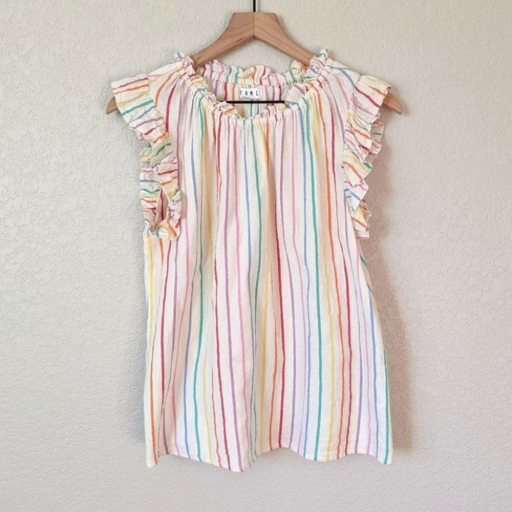 THML Multi Color Stripe Ruffle Edge Sleeveless Top M